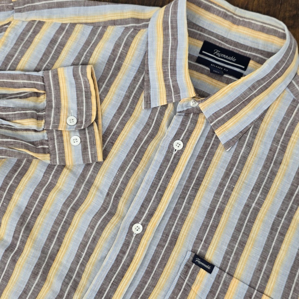 Faconnable Men's XL Button Up Shirt Brown Yellow Blue Striped 100% Linen Relaxed